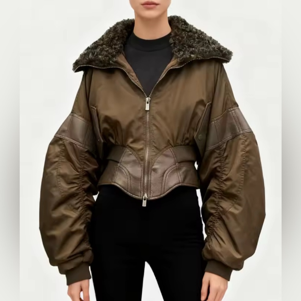 NEW $385 Lanca Cargo Vegan Leather Combo Women's Brown Bomber Jacket